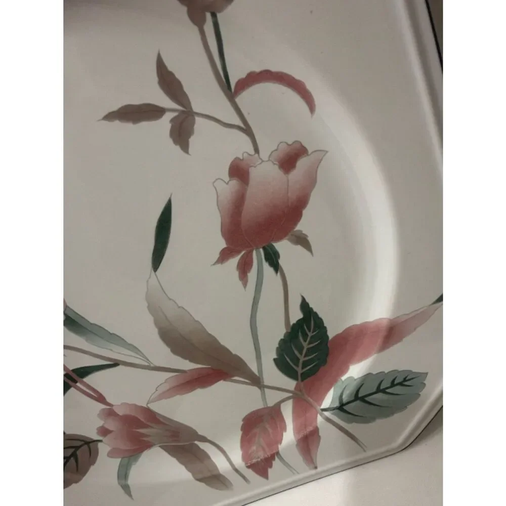 Mikasa Pink Floral Serving 12 X 12 In Platter Plate Green Leaves Silver Trim